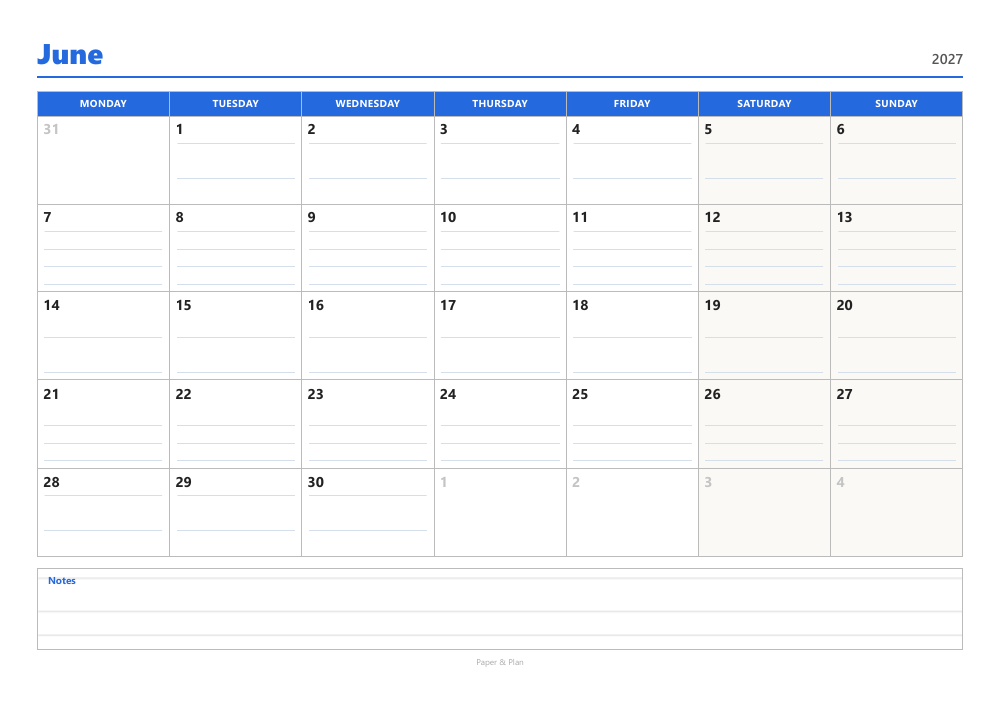 June 2027 Lined calendar preview