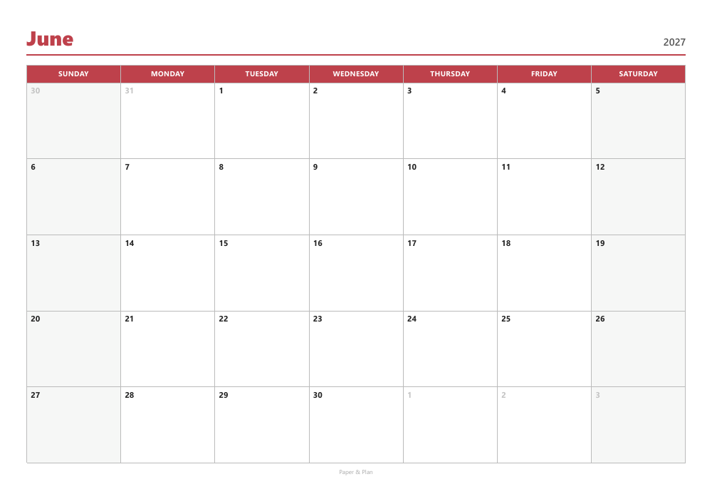 June 2027 Sunday-start calendar preview