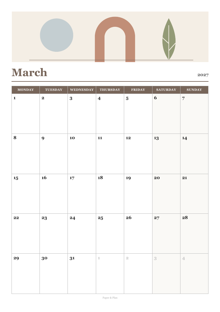 March 2027 Aesthetic calendar preview