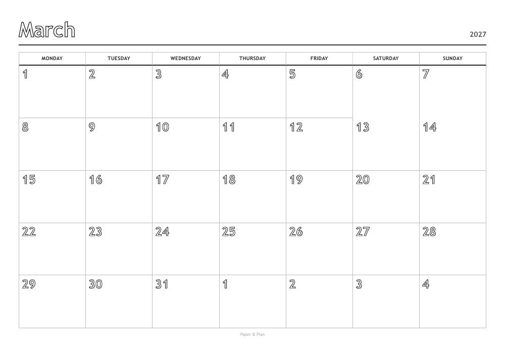 March 2027 Coloring calendar preview