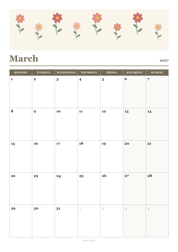 March 2027 Floral calendar preview