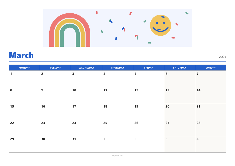 March 2027 Colorful calendar preview