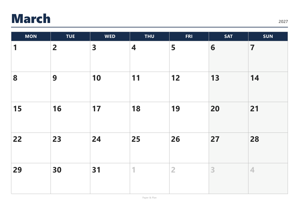 March 2027 Large-print calendar preview
