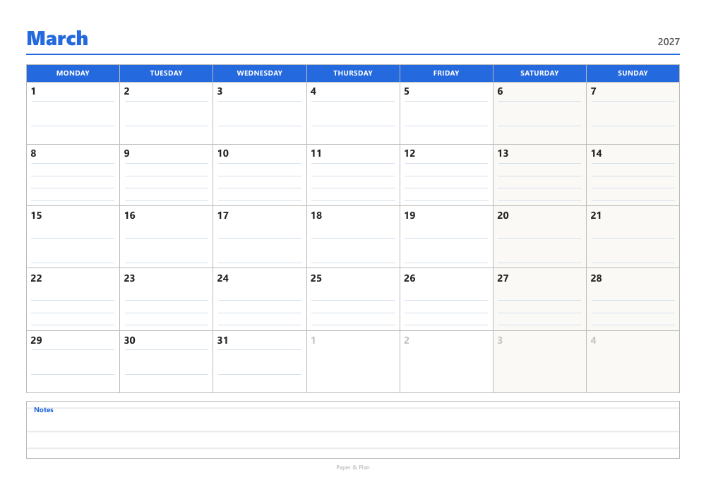 March 2027 Lined calendar preview