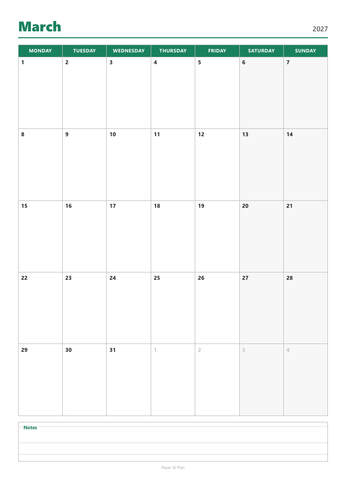 March 2027 Calendar with notes preview