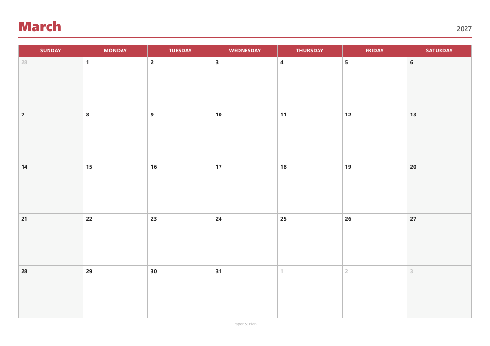 March 2027 Sunday-start calendar preview