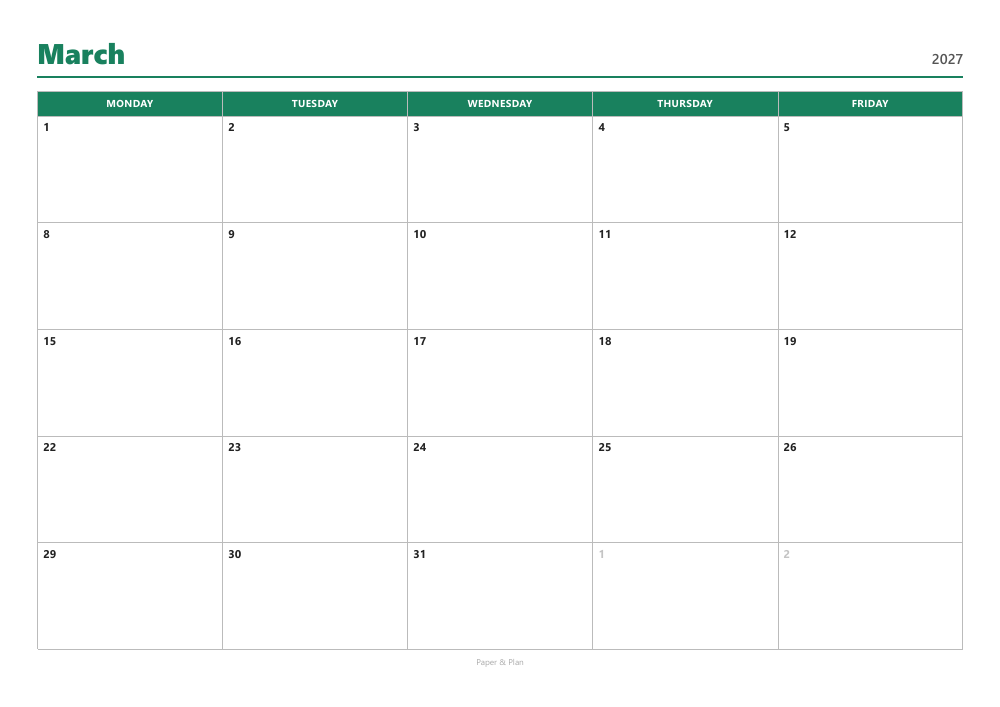 March 2027 Workweek planner preview