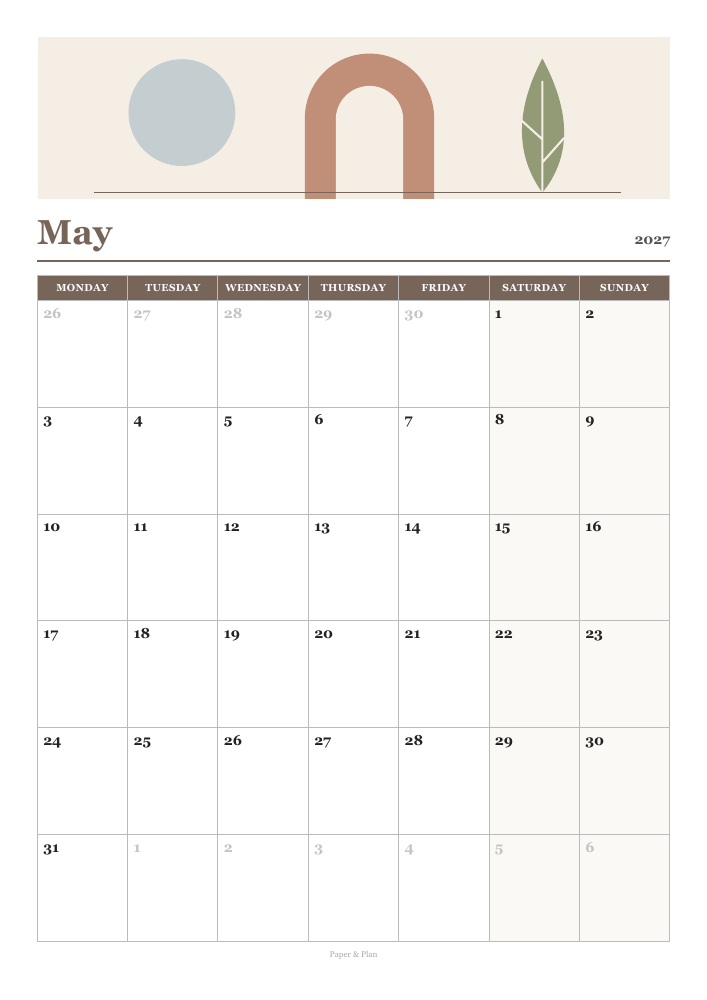 May 2027 Aesthetic calendar preview