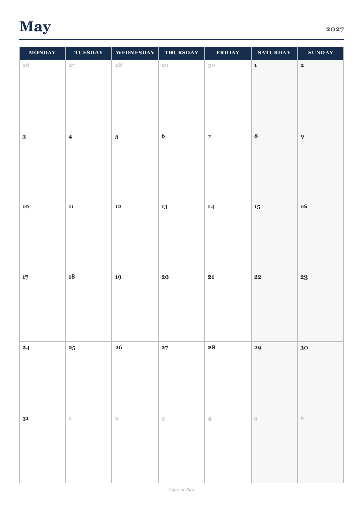 May 2027 Classic calendar preview