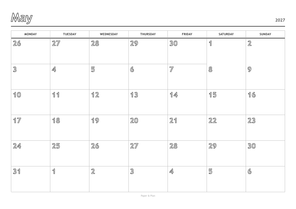 May 2027 Coloring calendar preview