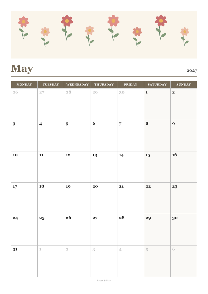 May 2027 Floral calendar preview