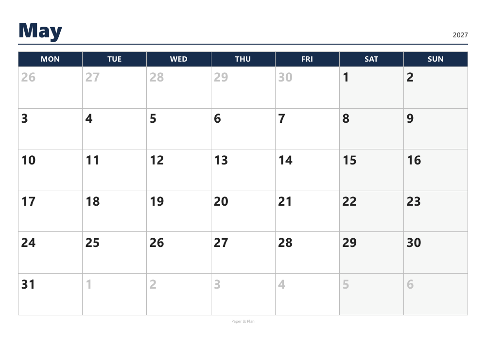 May 2027 Large-print calendar preview