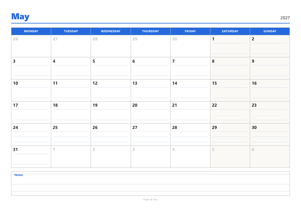 May 2027 Lined calendar preview