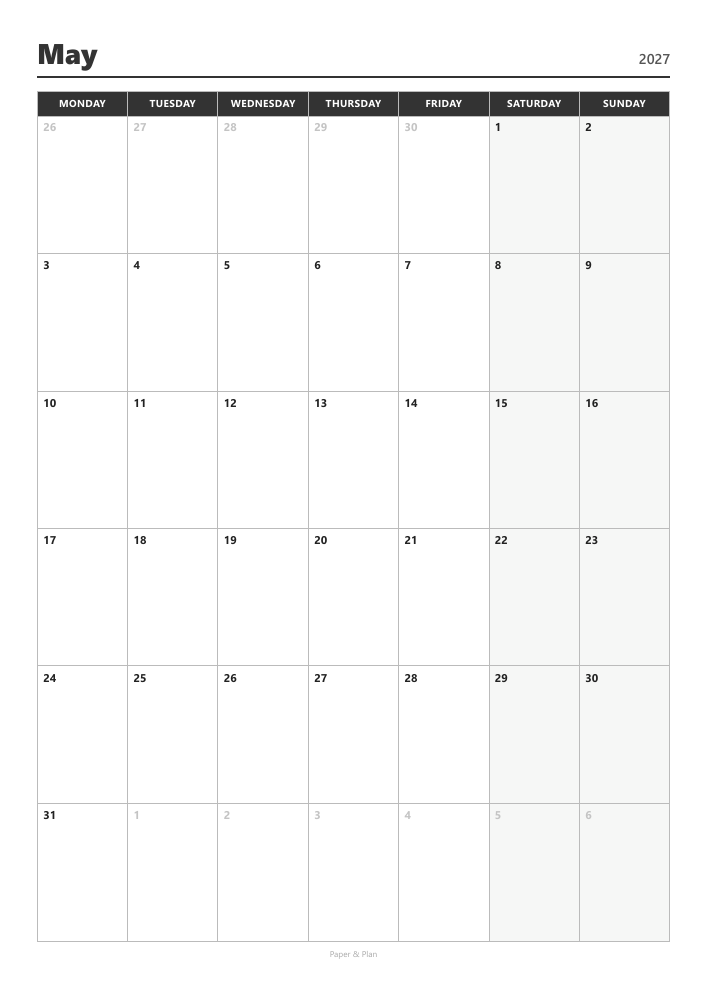 May 2027 Minimal black and white preview