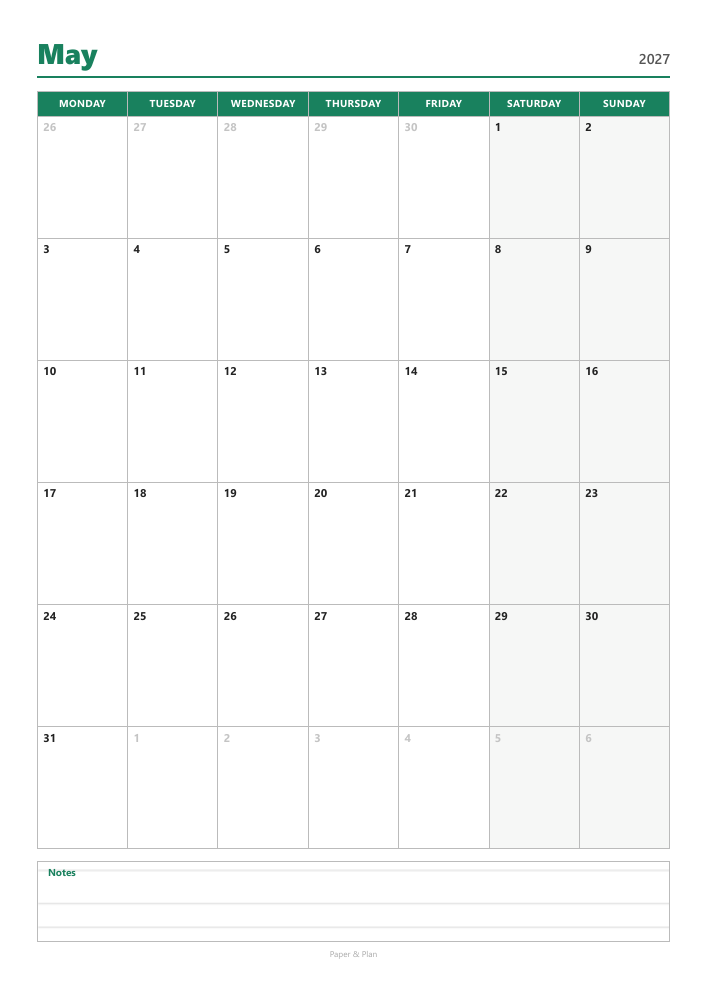 May 2027 Calendar with notes preview