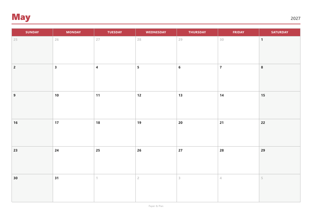 May 2027 Sunday-start calendar preview