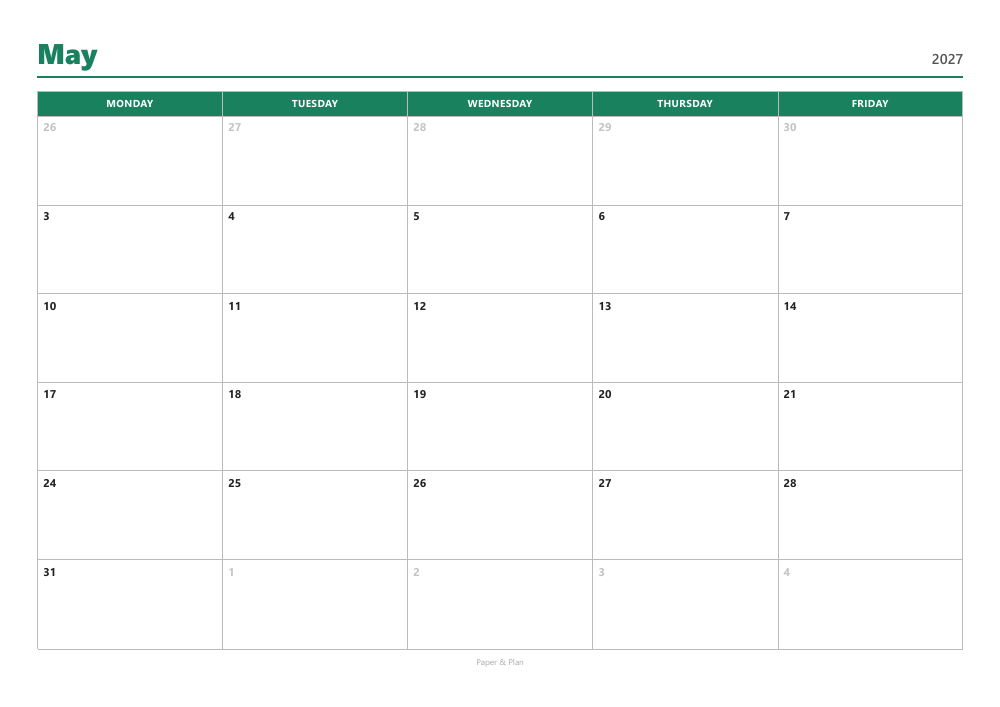 May 2027 Workweek planner preview
