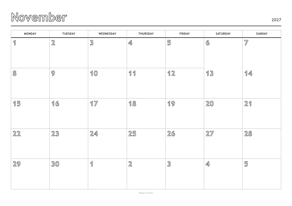 November 2027 Coloring calendar preview