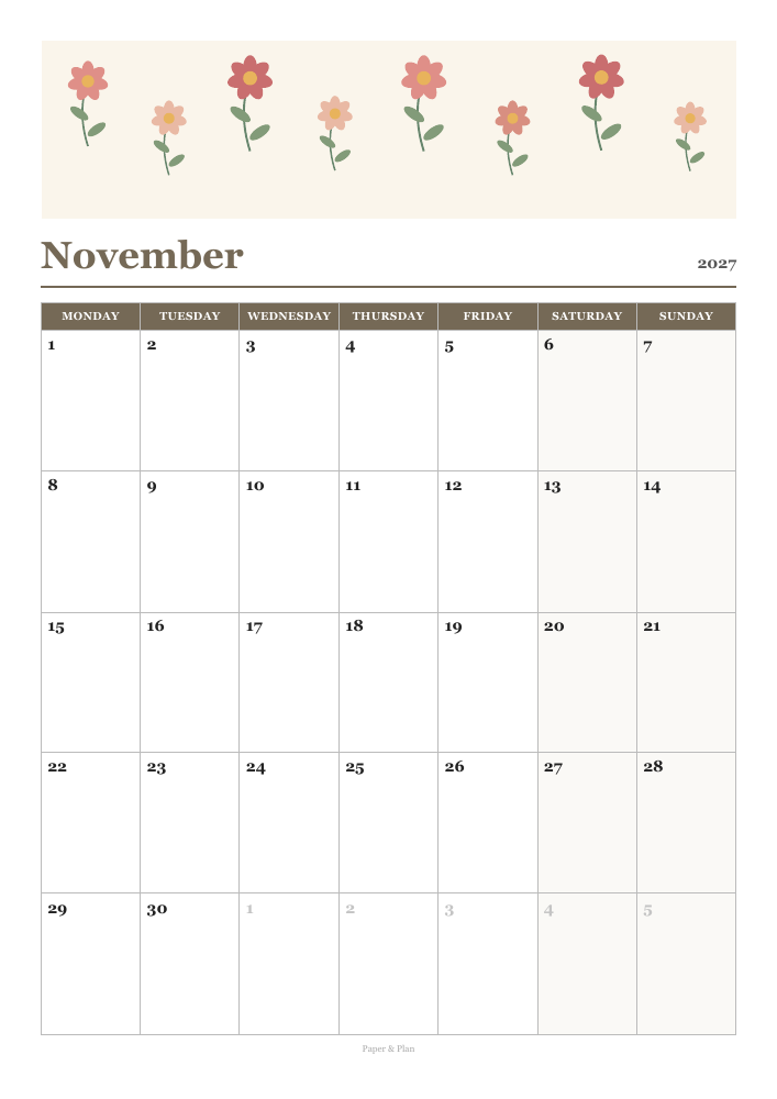 November 2027 Floral calendar preview