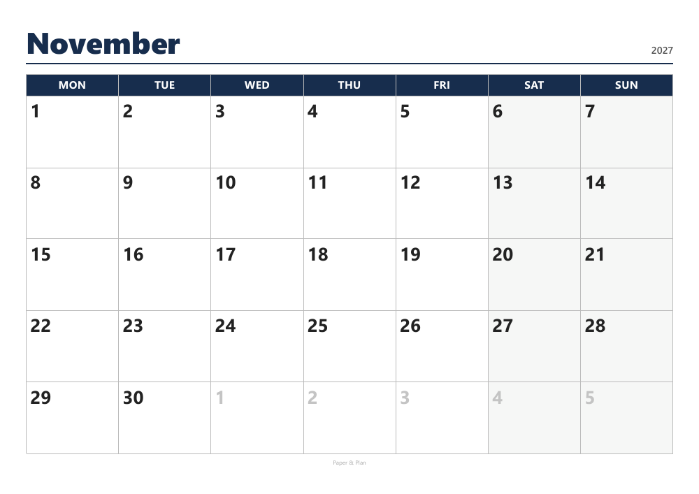 November 2027 Large-print calendar preview