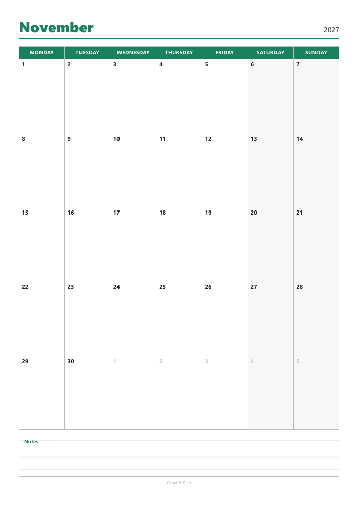 November 2027 Calendar with notes preview
