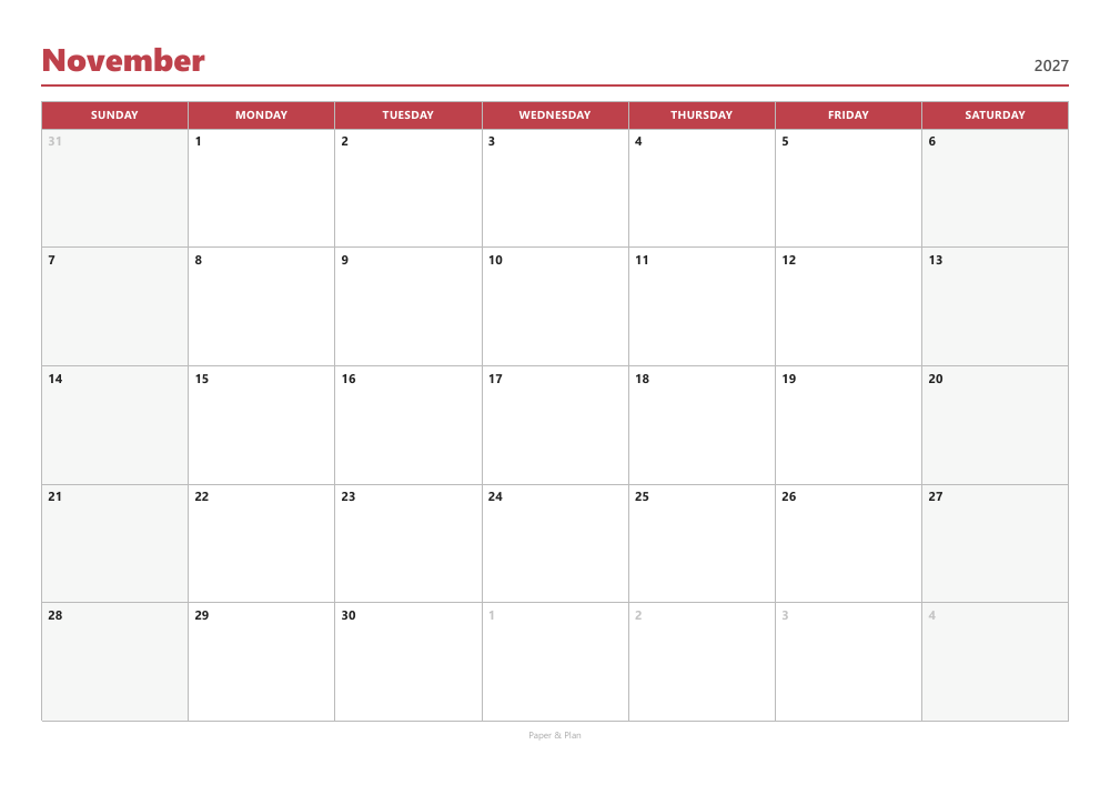 November 2027 Sunday-start calendar preview