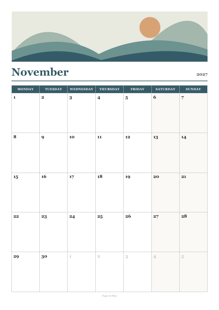 November 2027 Wall-art calendar preview