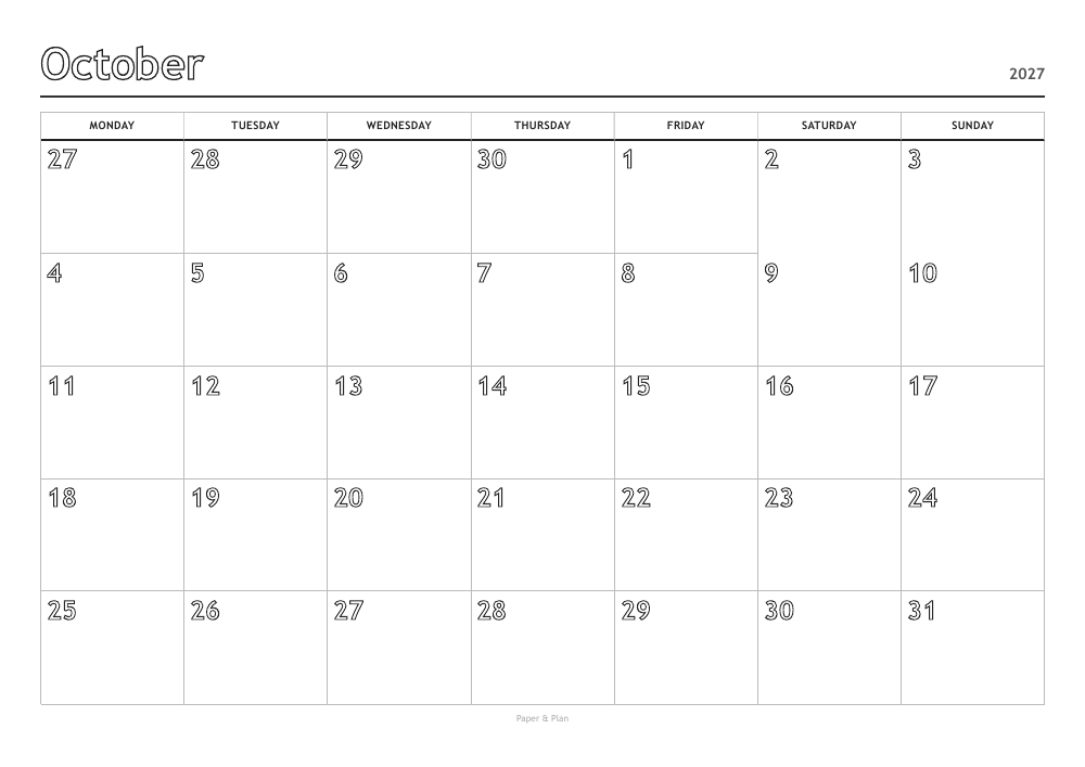 October 2027 Coloring calendar preview