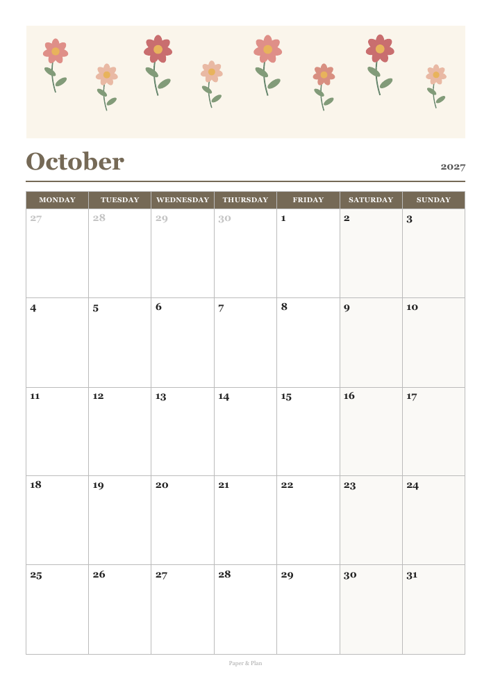 October 2027 Floral calendar preview