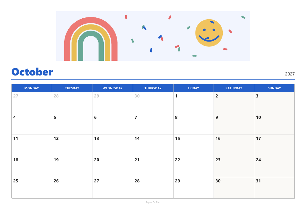 October 2027 Colorful calendar preview