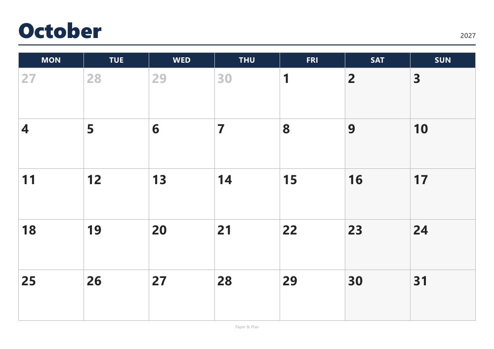 October 2027 Large-print calendar preview