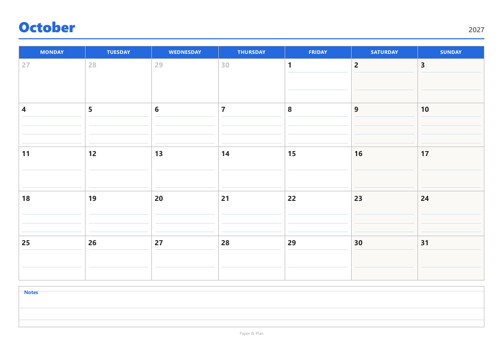 October 2027 Lined calendar preview