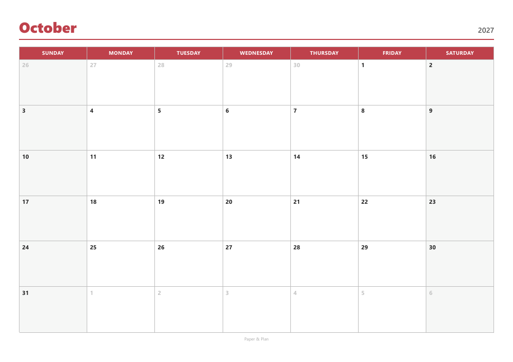 October 2027 Sunday-start calendar preview