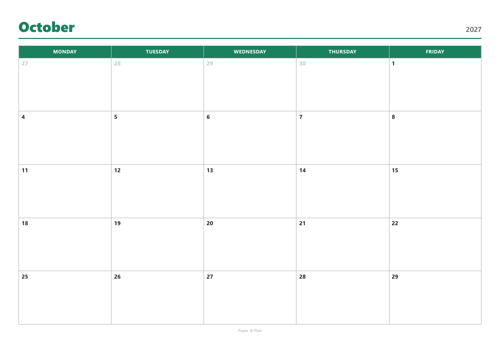 October 2027 Workweek planner preview