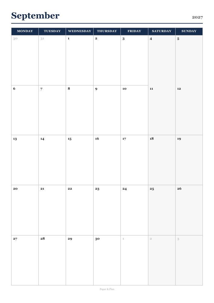 September 2027 Classic calendar preview