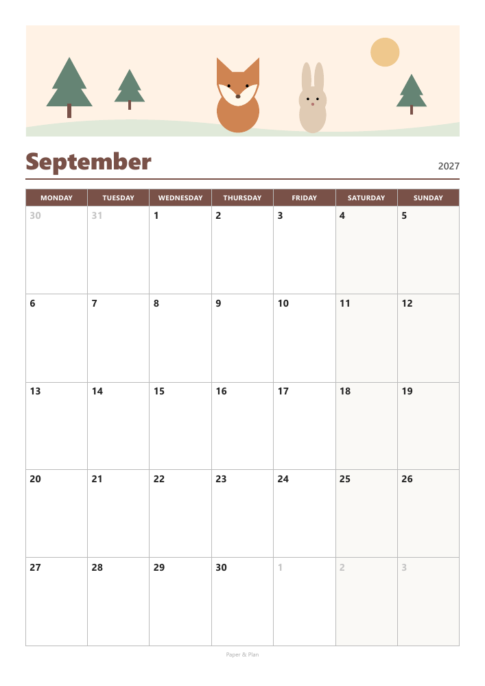 September 2027 Cute calendar preview