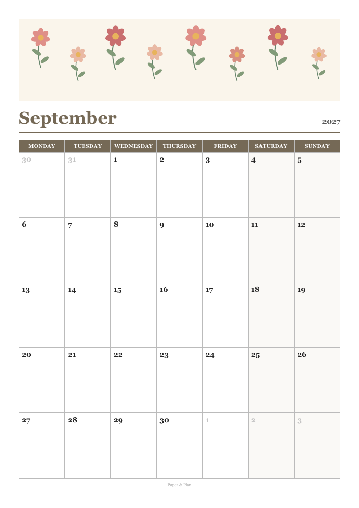 September 2027 Floral calendar preview