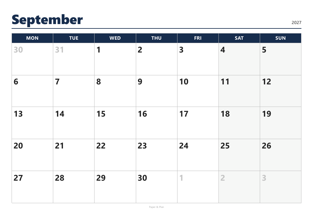September 2027 Large-print calendar preview