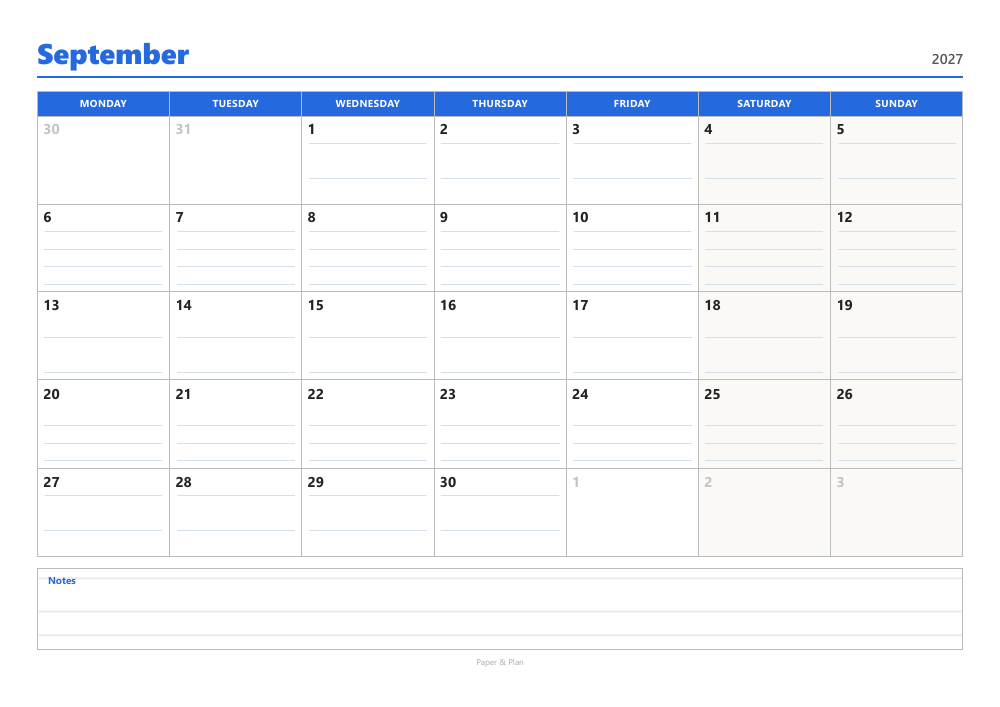 September 2027 Lined calendar preview