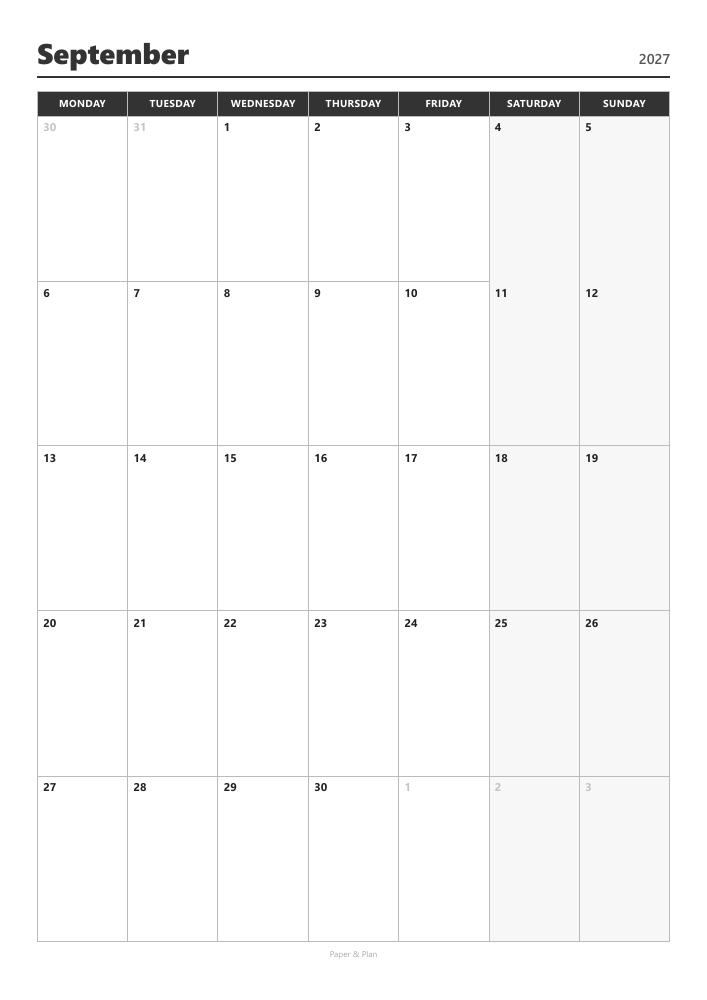 September 2027 Minimal black and white preview
