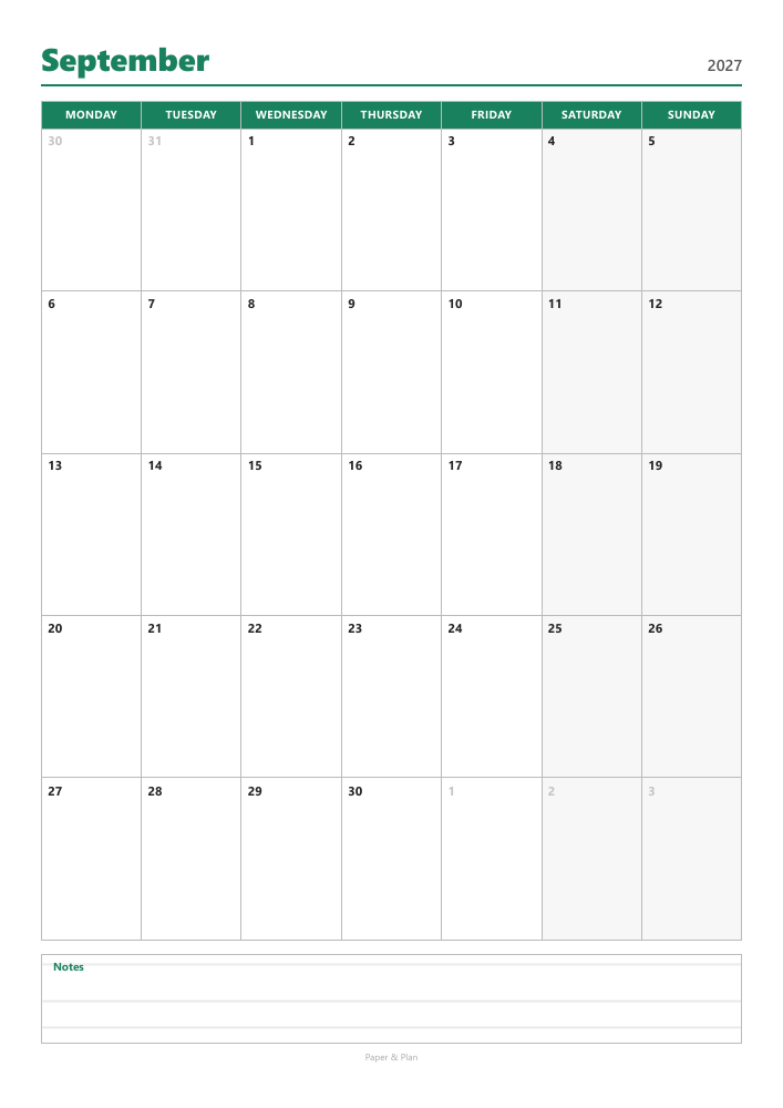 September 2027 Calendar with notes preview
