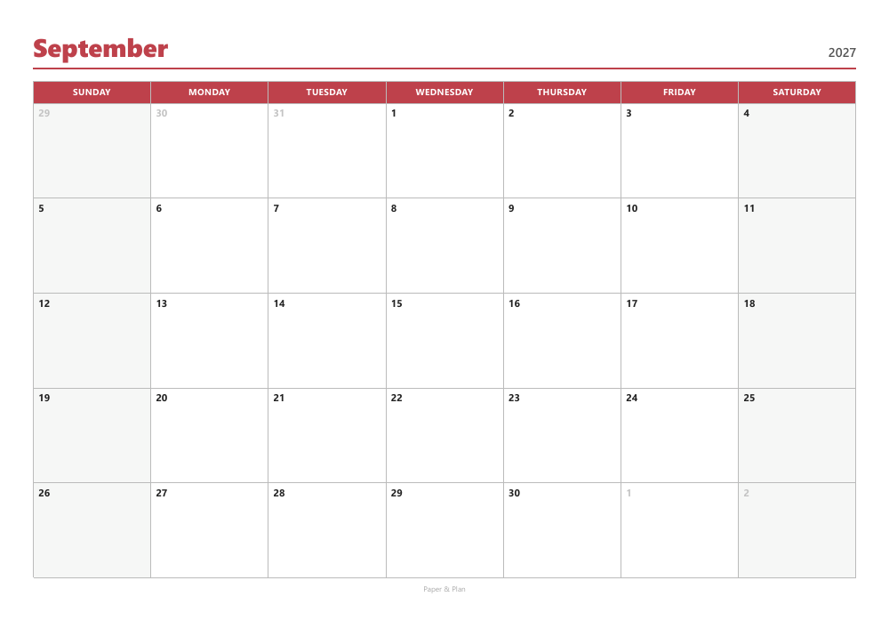 September 2027 Sunday-start calendar preview