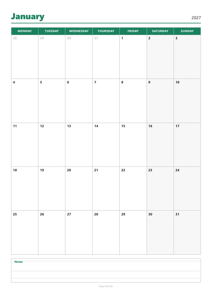 2027 Calendar with Notes: Free Monthly PDFs